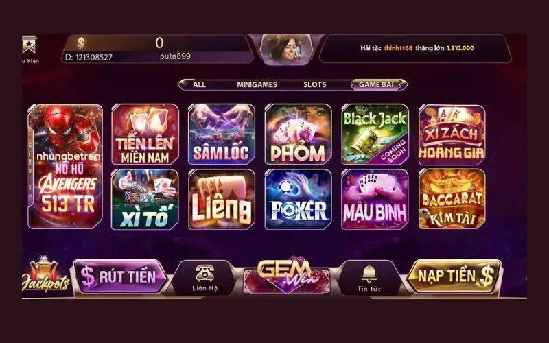 Giao diện danh mục “liêng” là trò game phổ biến trong hệ game bài Gemwin